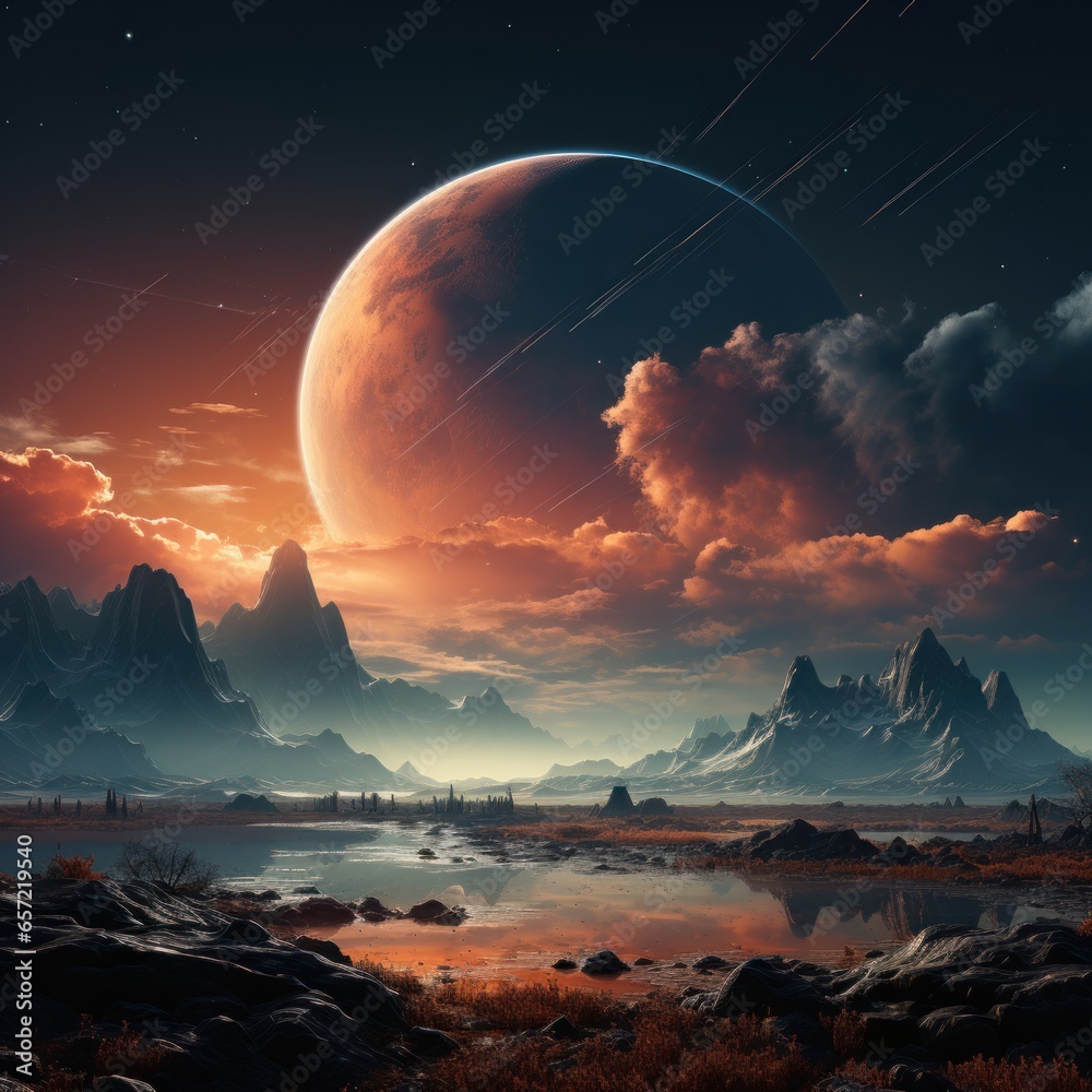 Beautiful moon and planet background perfect scenery, universe fantasy art. Good to use for wallpapers, blogs, business, websites, designs etc. Generative Ai Image