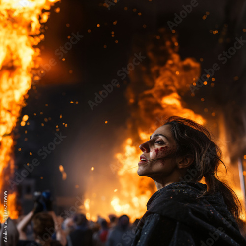 Injured woman standing near a fire during a protest march at night