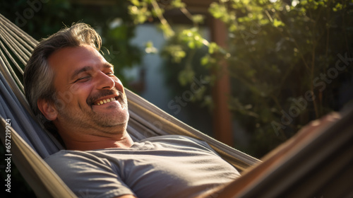 Relaxed man rests lying in a hammock