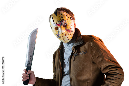 man in maniac movie hockey mask and machete in halloween costume on friday