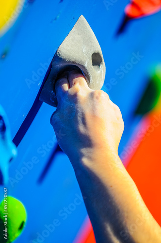The hands of a climber showed in detail as they take part in a competition in an artificial wall in Valaldolid, Spain