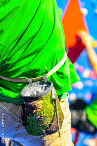 Details of a climber showed in detail as they take part in a competition in an artificial wall in Valaldolid, Spain