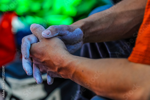 The hands of a climber showed in detail as they take part in a competition in an artificial wall in Valaldolid, Spain