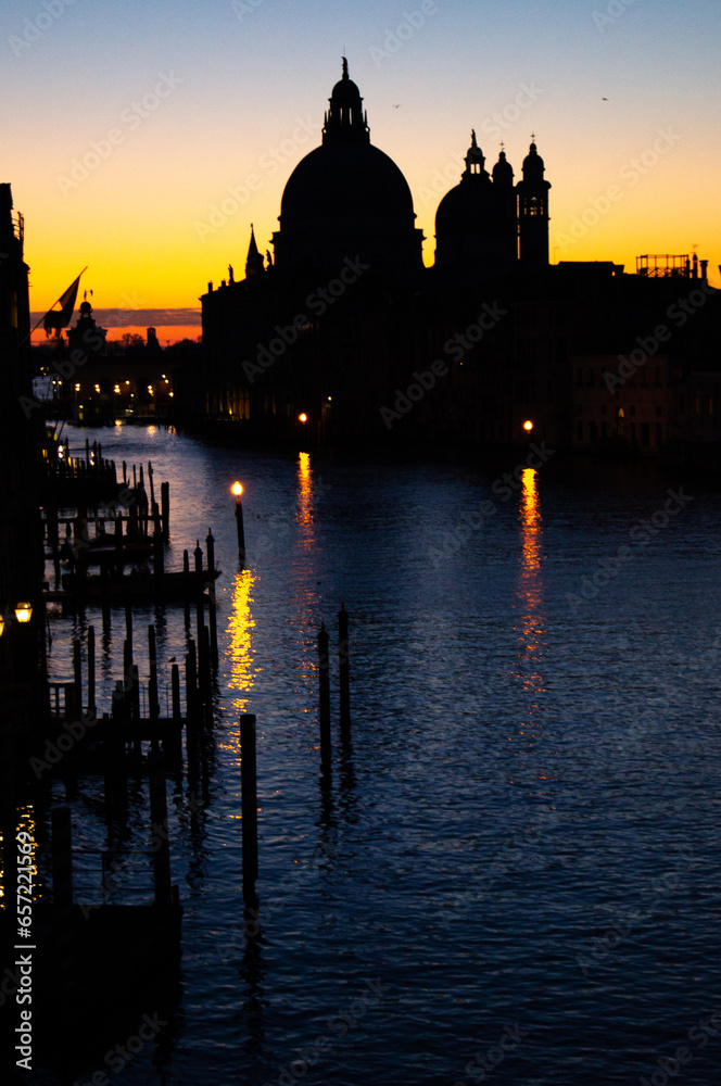 Late evening in Venice, Italy. Canal, dark, water, silhouette, clear sky, postcard, wallpaper, very dark, romantic.