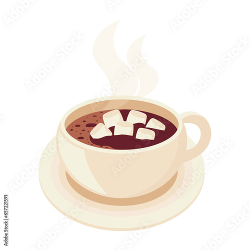 Hot cup of cocoa with marshmallows. Cocoa and marshmallows. Vector illustration in flat style. Isolated on a white background.
