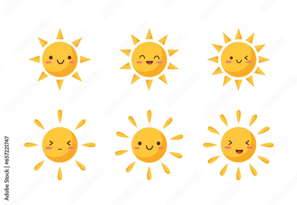 Set of Sun icons. Kawaii style. Vector illustration in flat style. Isolated on white background.	
