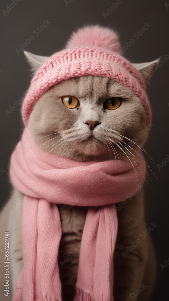 A cat in a pink scarf and hat. AI Generated A cat in a pink scarf and hat. AI Generated