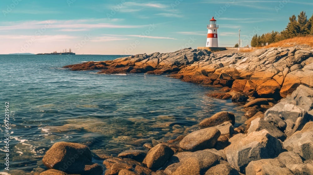 A panoramic view of a rocky ocean shoreline with a lighthouse in the distance and a clear blue sky above