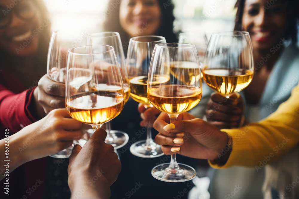 Group of friends toasting with wine glasses at a festive lunch party