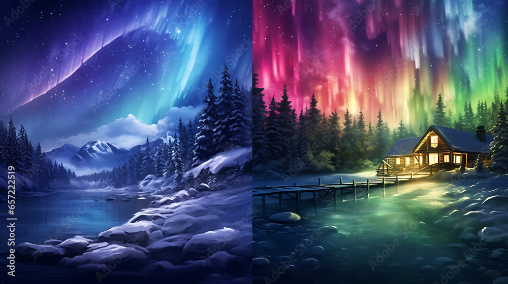 a starry winter night where the northern lights dance across the sky, their ethereal colors illuminating a frozen landscape, creating a dreamlike winter tableau