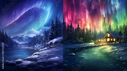 a starry winter night where the northern lights dance across the sky  their ethereal colors illuminating a frozen landscape  creating a dreamlike winter tableau