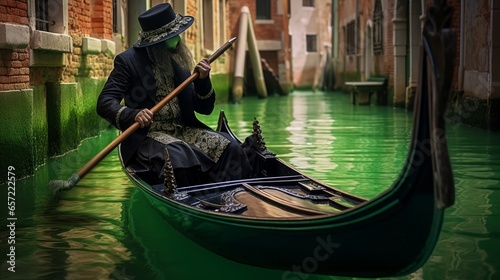 Venetian gondolier punting gondola through green canal