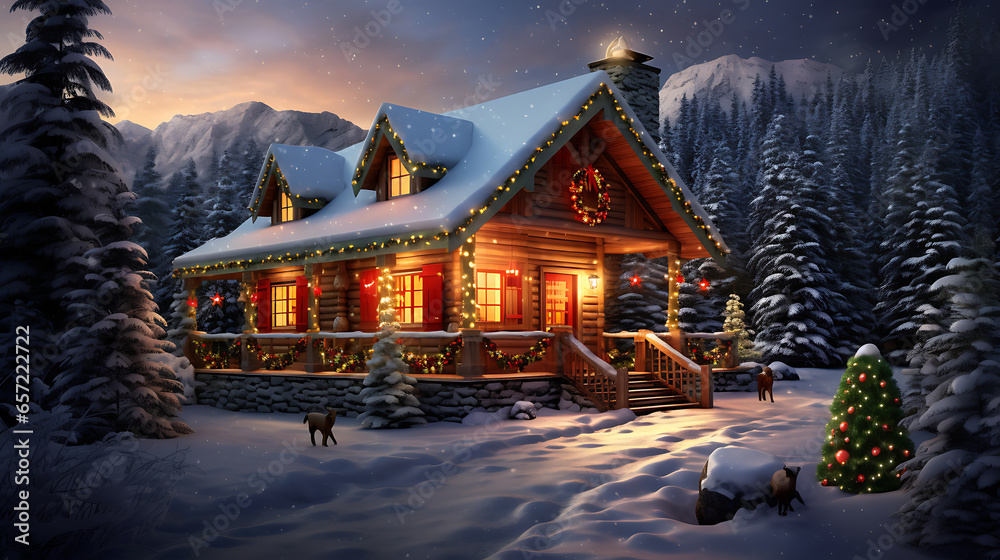 a snowy mountain cabin adorned with festive lights and wreaths, where friends and family gather around a crackling fire, sipping hot cider and sharing stories, celebrating the magic of a mountain Chri a snowy mountain cabin adorned with festive lights and wreaths, where friends and family gather around a crackling fire, sipping hot cider and sharing stories, celebrating the magic of a mountain Chri