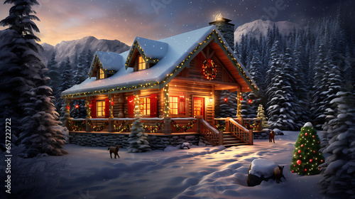 a snowy mountain cabin adorned with festive lights and wreaths, where friends and family gather around a crackling fire, sipping hot cider and sharing stories, celebrating the magic of a mountain Chri