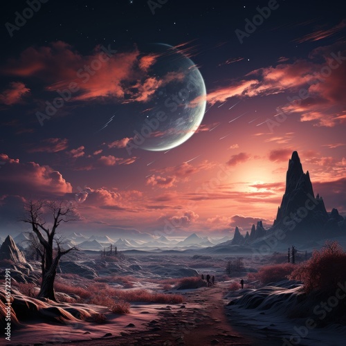 Beautiful moon and planet background perfect scenery, universe fantasy art. Good to use for wallpapers, blogs, business, websites, designs etc. Generative Ai Image