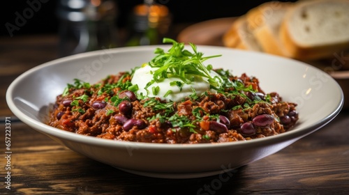 Spicy chili con carne topped with sour cream and chives