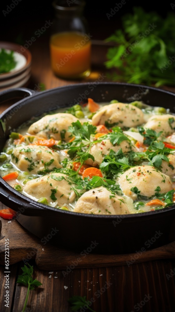 Flavorful chicken and dumplings with vegetables and herb Flavorful chicken and dumplings with vegetables and herb