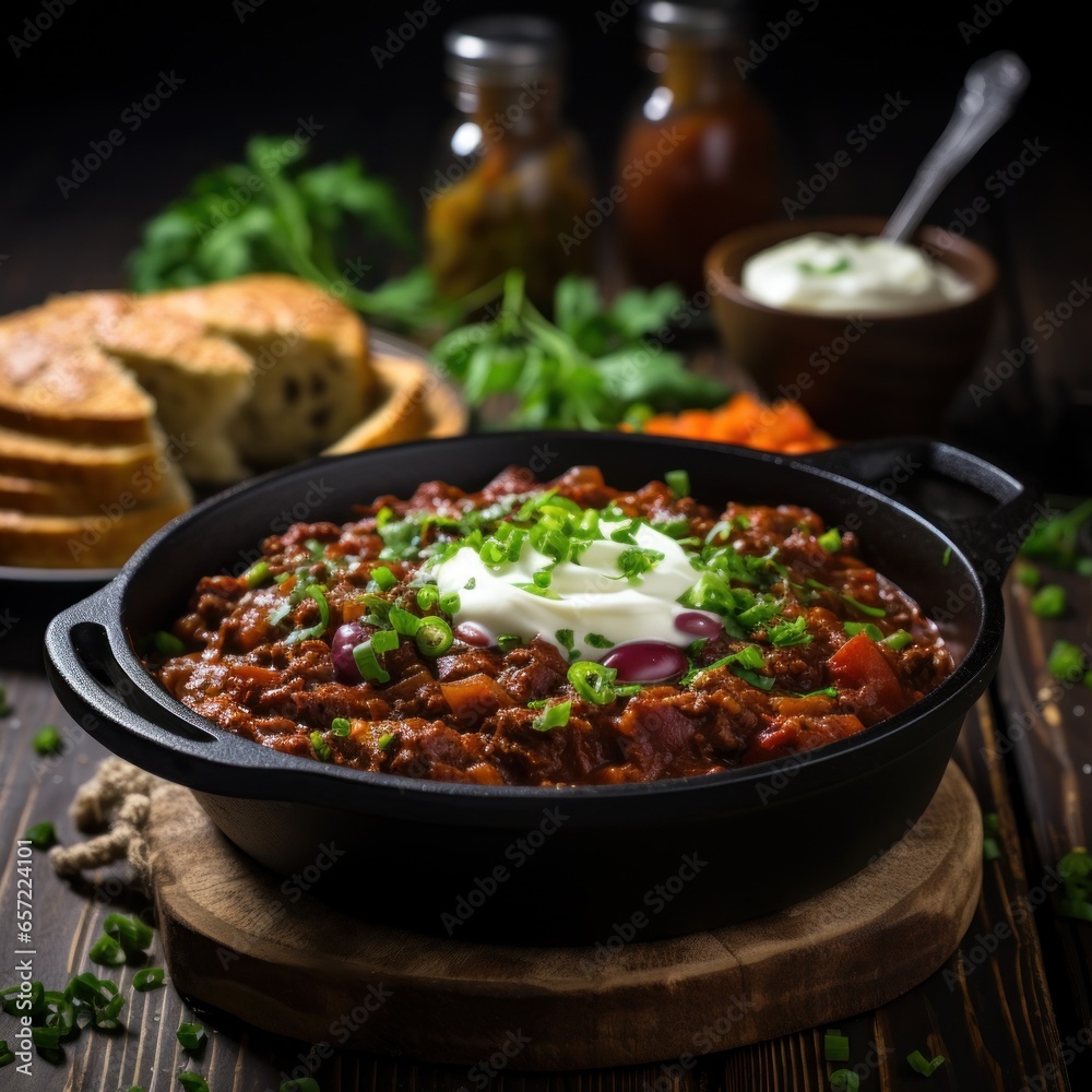 Spicy chili con carne topped with sour cream and chives