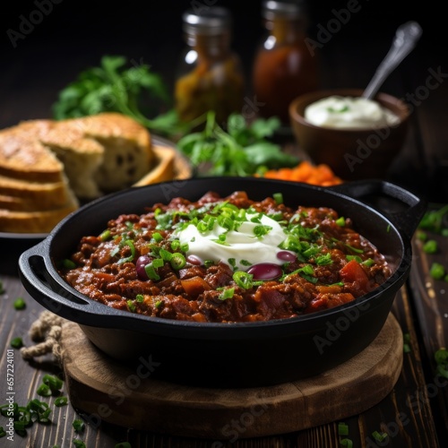 Spicy chili con carne topped with sour cream and chives