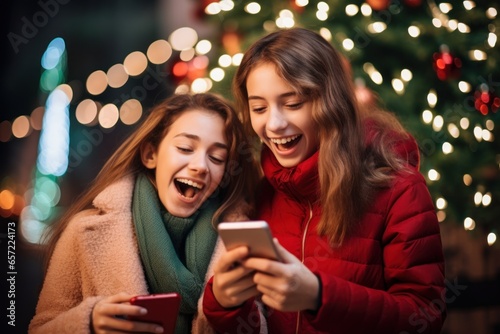 young happy friends looking at smartphone on blurred christmas lights background