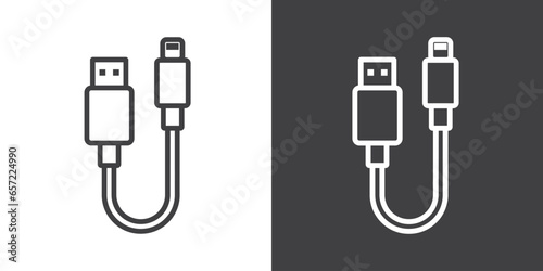 Usb lightning cable Icon. Plug USB cable icon vector sign and symbols, Usb type cable Icon. Charger vector illustration. Charger smartphone symbol in trendy flat style on black and white background.