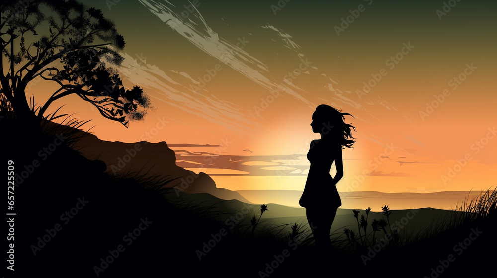 Silhouette of a girl against the sunset. AI Generated