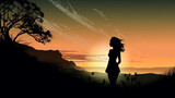 Silhouette of a girl against the sunset. AI Generated