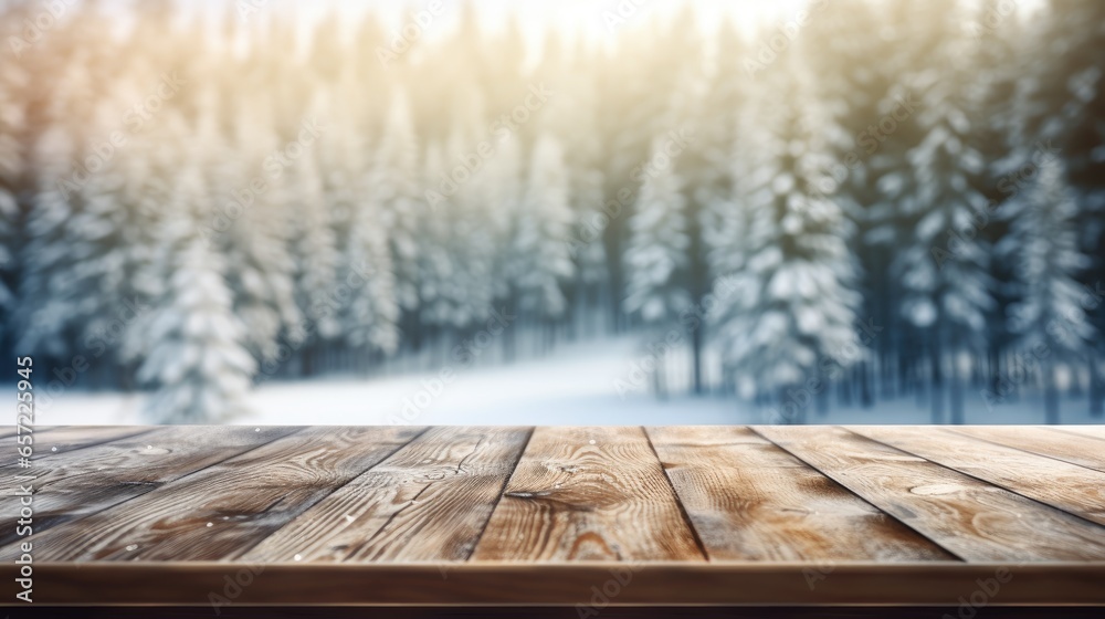 Empty wooden table against fir tree forest in snowy landscape Empty wooden table against fir tree forest in snowy landscape