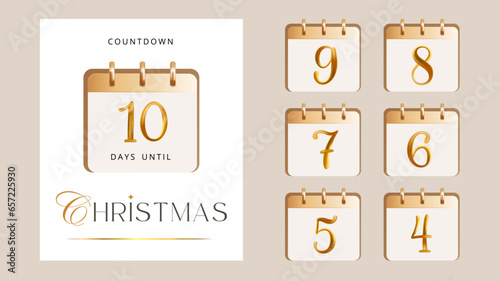 3d Gold elegant calendar days before Christmas, holiday countdown template realistic render icon premium luxury New Year vector poster