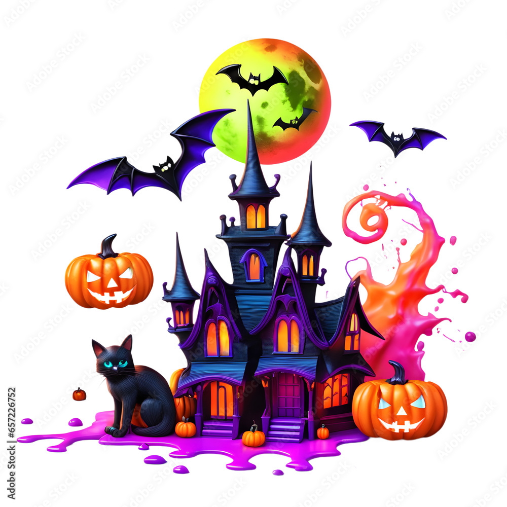 Happy Halloween Day Clipart, Halloween Day composition, Neon Colors Halloween Clipart, Generative AI
