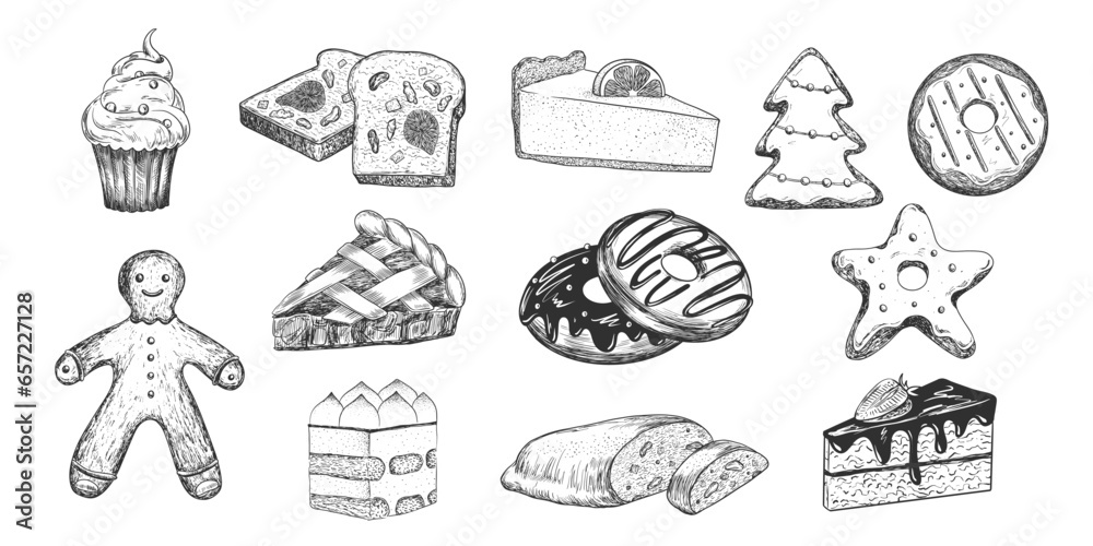 Set of desserts. Hand drawn cake, cheesecake, tiramisu, gingerbread, donuts, apple pie, stollen, cupcake, chocolate. Sketch style collection of sweets isolated in white background. Engraving style