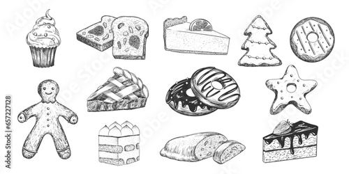 Set of desserts. Hand drawn cake, cheesecake, tiramisu, gingerbread, donuts, apple pie, stollen, cupcake, chocolate. Sketch style collection of sweets isolated in white background. Engraving style