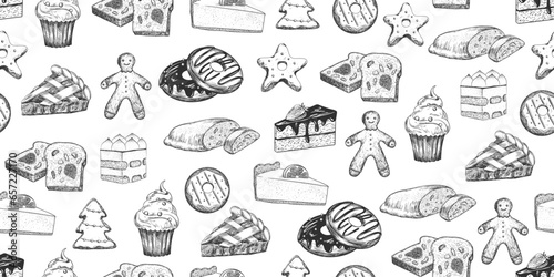 Seamless pattern with desserts. Hand drawn cake, cheesecake, tiramisu, gingerbread man, donuts, apple pie, stollen, cupcake, bread. Sketch style background with sweets isolated on white background