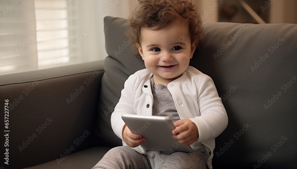 Happy toddler watching little silver tablet on a couch Happy toddler watching little silver tablet on a couch