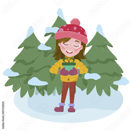 Girl with a New Year's gift. Christmas and winter. Gifts for a child