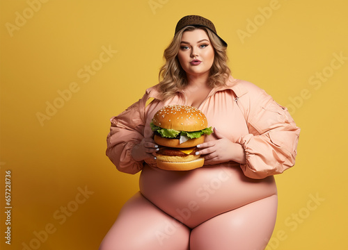 Overweight woman holding Big burger. Obesity, junk food and health care concepts.