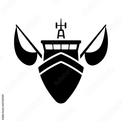 Trawler icon. Ship. Black silhouette. Front view. Vector simple flat graphic illustration. Isolated object on a white background. Isolate.