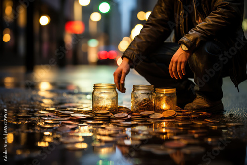 A person begging for spare change on a busy city street, illustrating the struggle of panhandling for survival. Concept of begging. Generative Ai.