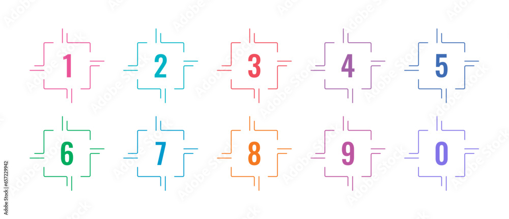 0-9 numbers in square. colorful 0-9 numbers on white background