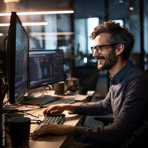 Ragazzo lavora al pc mentre sorride, programmatore, ambiente di lavoro positivo photo