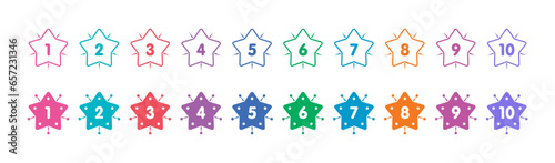 1-10 number buttons for education, business, university, web, internet. 1-10 math numbers in shining stars. numbers 1-10 in colored stars