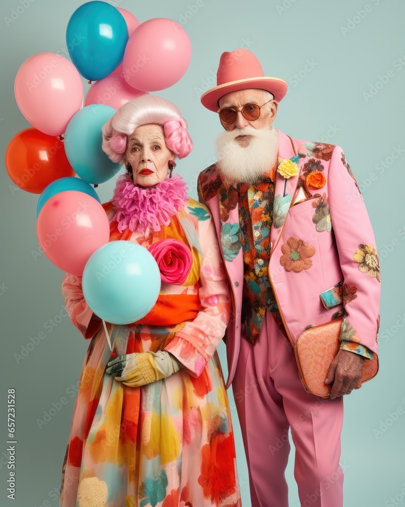 An elderly couple dressed in funny colors