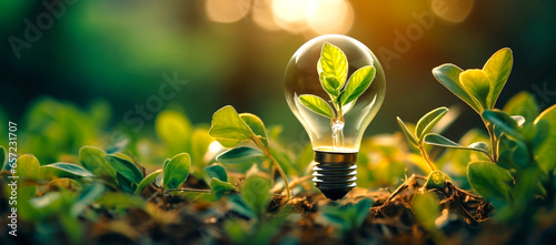 a light bulb in nature representing renewable energy sources, Ecology Concept. Generative AI