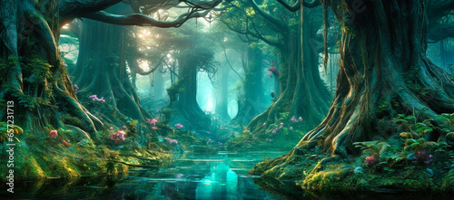 A beautiful fairytale enchanted forest with big trees and large vegetation. Generative AI