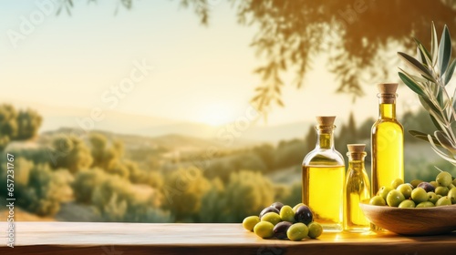 Olive oil and olives on wooden table with nature background.