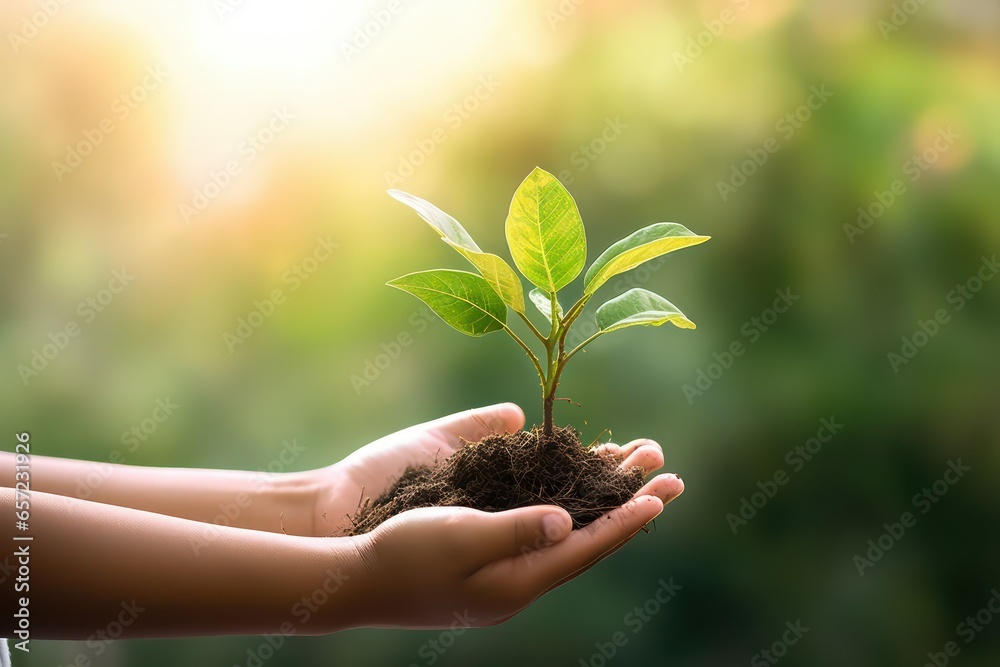 Obraz premium Human hands holding a young plant with green bokeh background.