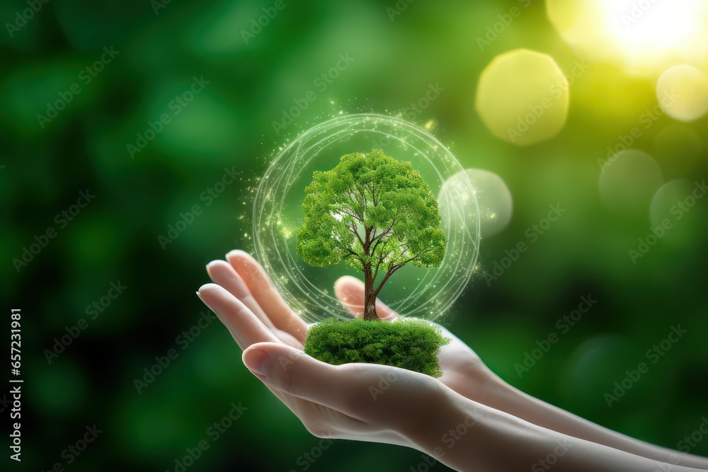 Human hands holding green tree on nature background. Eco friendly concept.