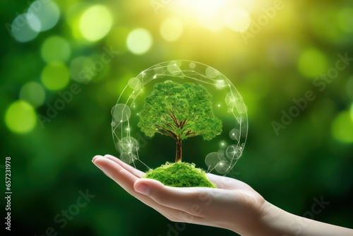 Human hands holding green tree on nature background. Eco friendly concept.