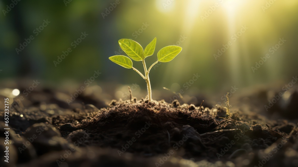 Green seedling illustrating concept of new life and natural growing from seed - obrazy, fototapety, plakaty 