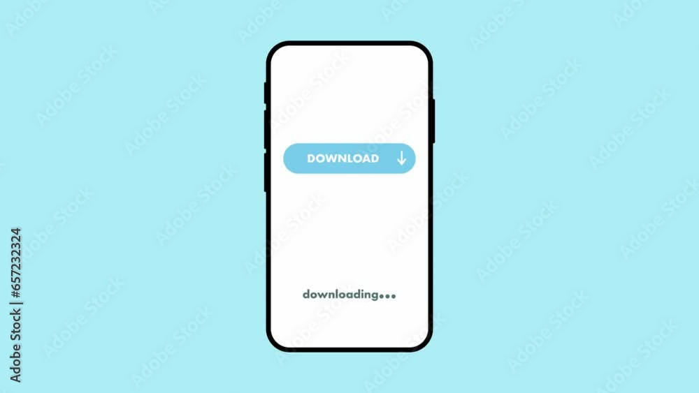 Animation of data being downloaded on smartphone. Download button appearing on a mobile phone. „Download complete“ showing up after loading screen.